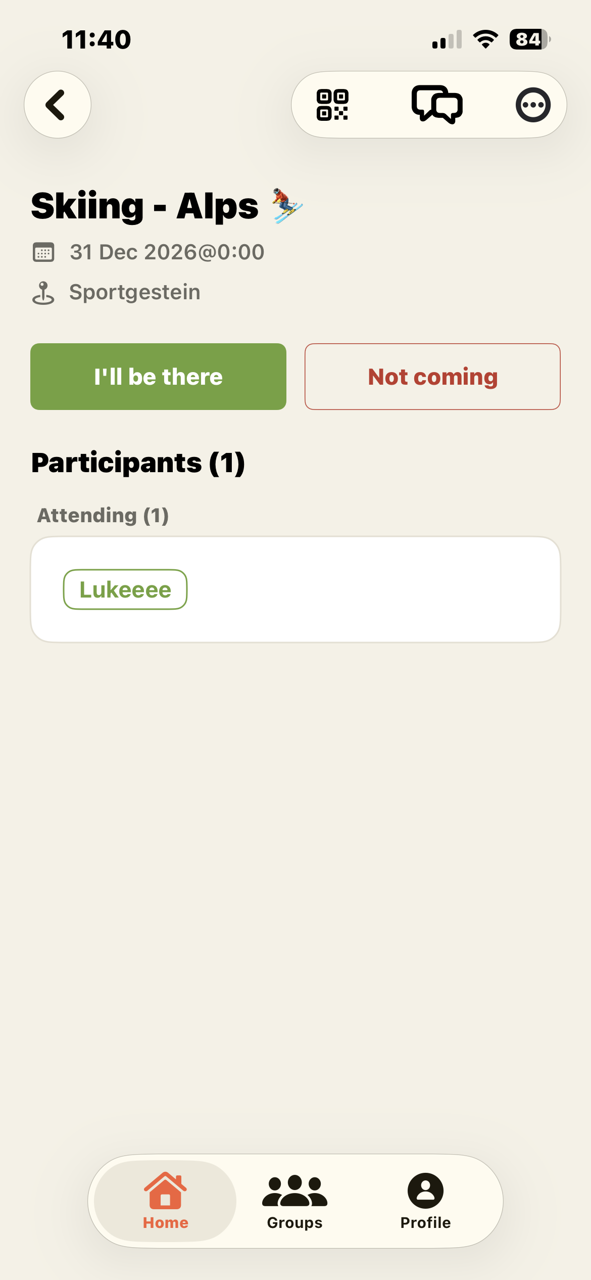 One-time event detail screen